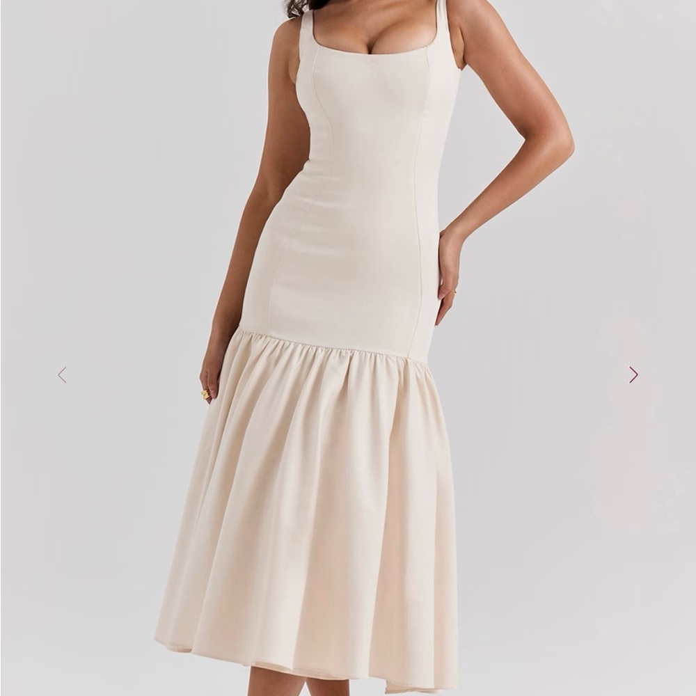 House of CB Cream Midi Dress with Fitted Bodice and Fluted Skirt